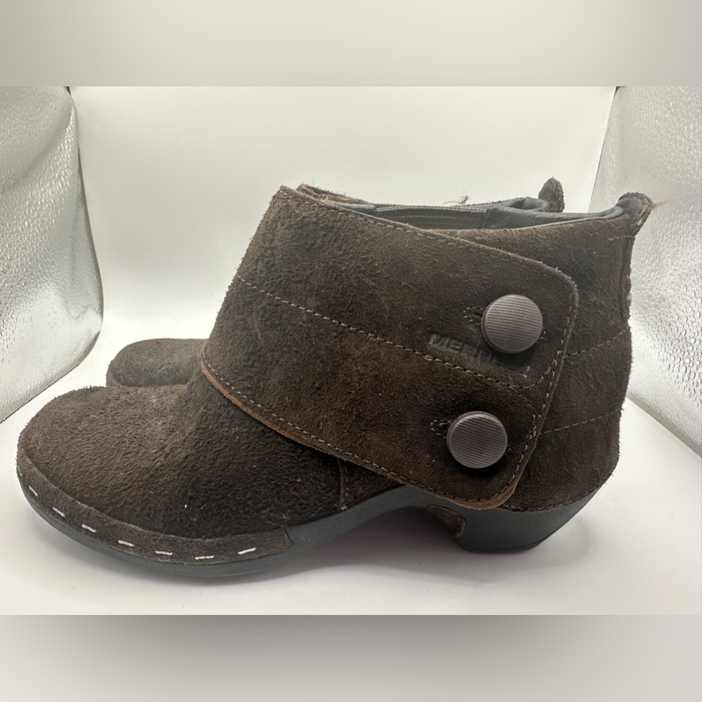 MERRELL Luxe Button Espresso Brown Suede Ankle Boots Clogs Heels Women’s 8.5